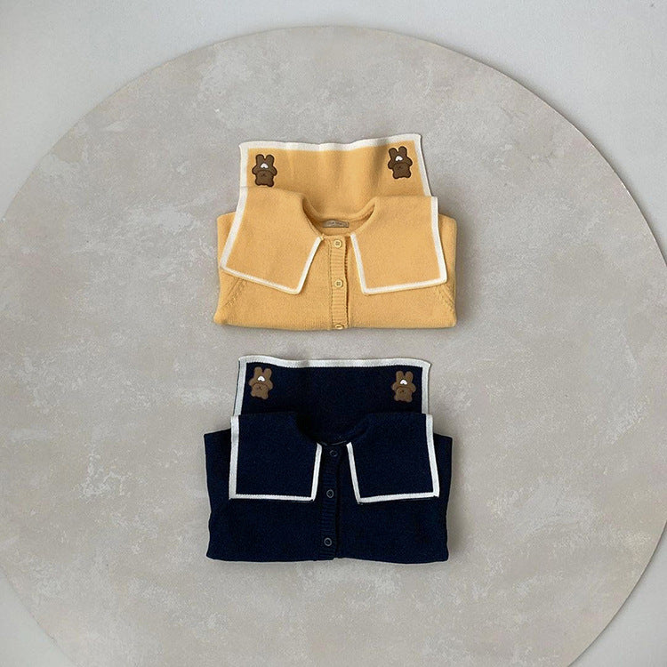 Baby Girl Bear Embroidery Cardigan featuring a single-breasted design and lapel collar in navy blue and yellow colors.