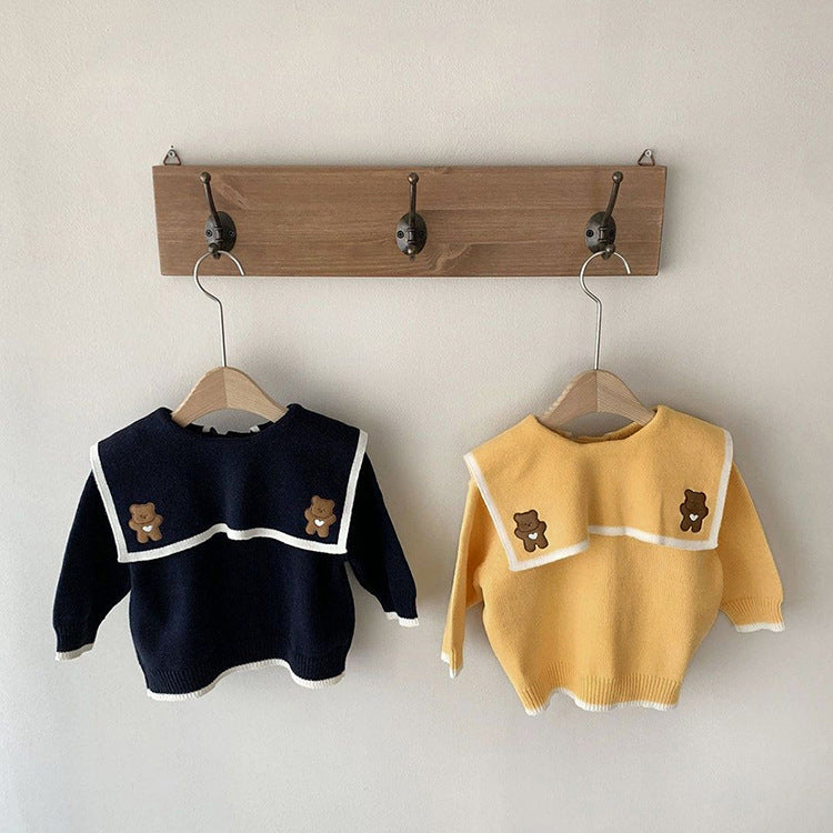 Baby Girl Bear Embroidery Cardigan featuring a single-breasted design and lapel collar in navy blue and yellow colors.