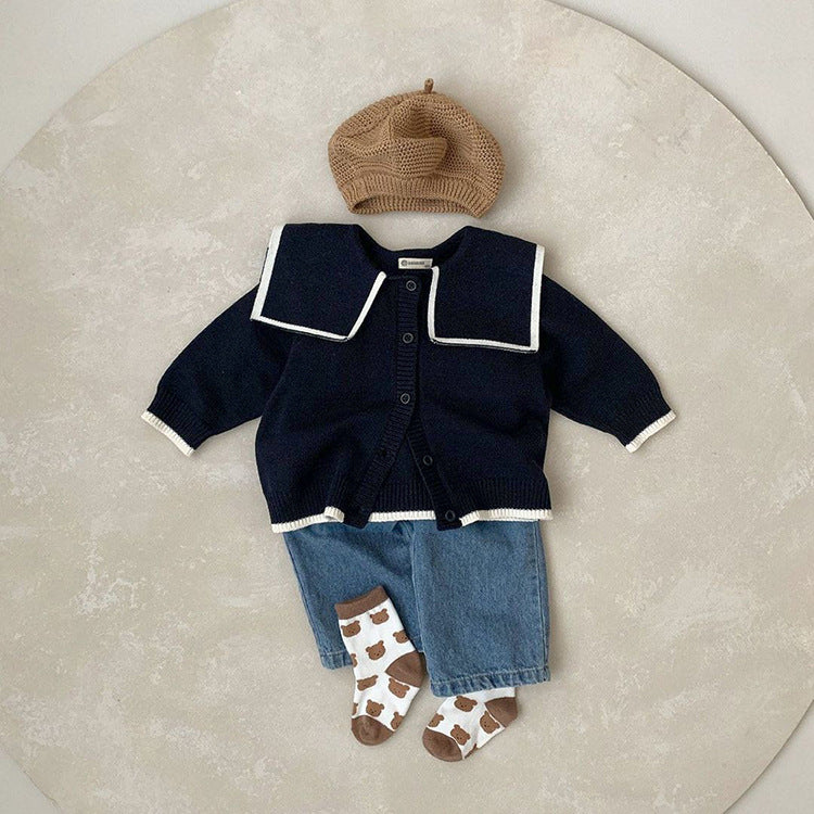 Baby Girl Bear Embroidery Cardigan featuring a single-breasted design and lapel collar in navy blue and yellow colors.