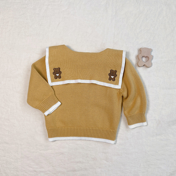 Baby Girl Bear Embroidery Cardigan featuring a single-breasted design and lapel collar in navy blue and yellow colors.