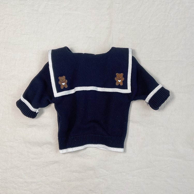 Baby Girl Bear Embroidery Cardigan featuring a single-breasted design and lapel collar in navy blue and yellow colors.