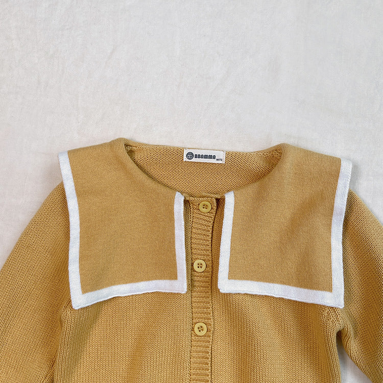 Baby Girl Bear Embroidery Cardigan featuring a single-breasted design and lapel collar in navy blue and yellow colors.