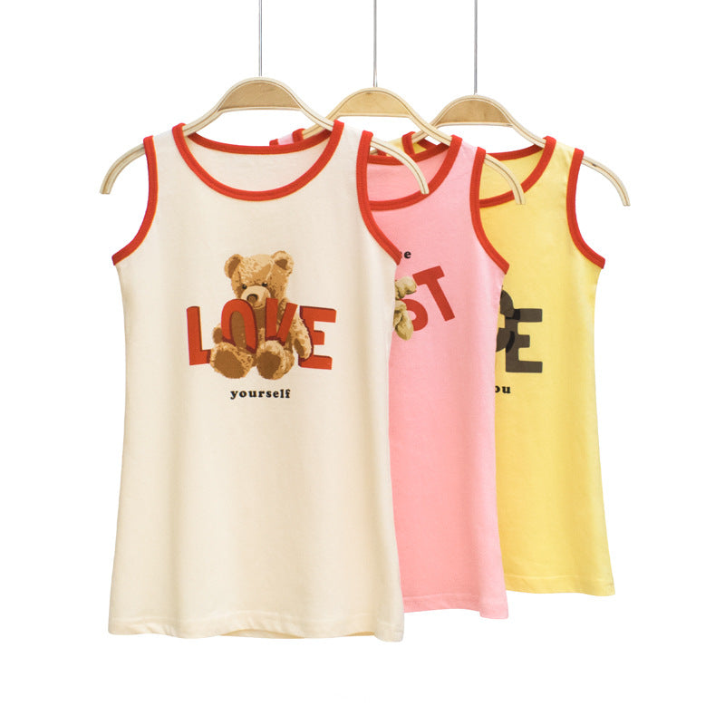 Baby girl sleeveless t-shirt with bear print in pink, yellow, and apricot colors, perfect for summer wear.