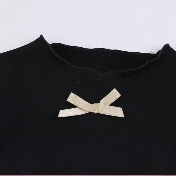 Baby Girl Bow Tie Decoration Patchework Design Mesh Overlay Dress in black, featuring a stylish patchwork design and elegant bow tie.