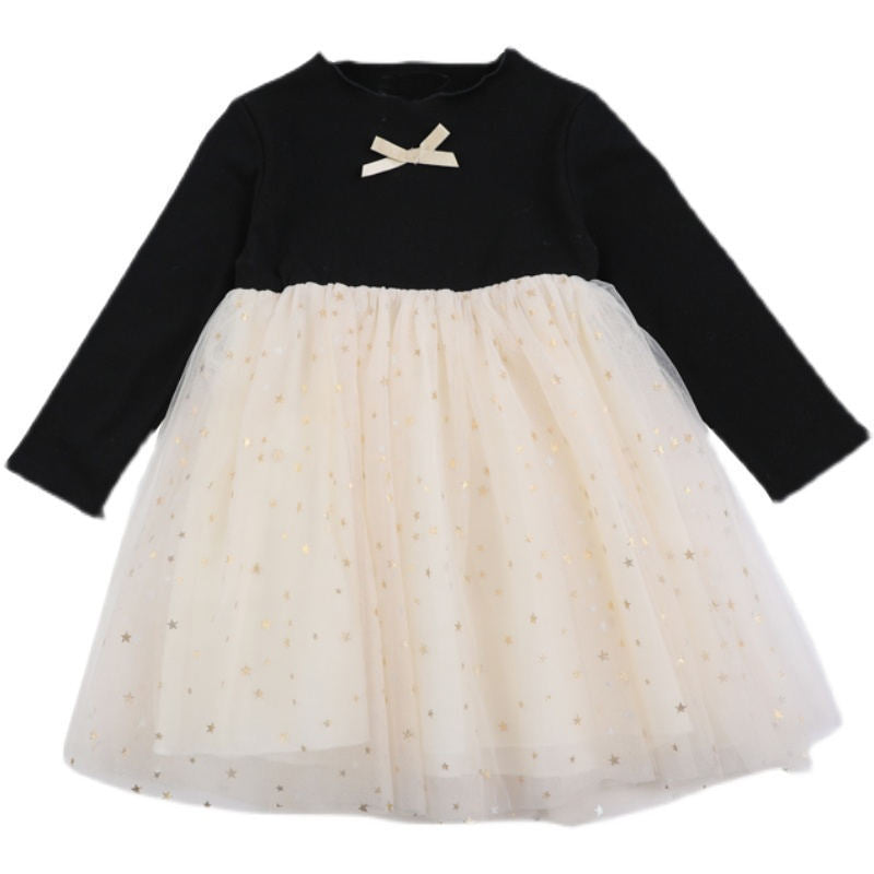 Baby Girl Bow Tie Decoration Patchework Design Mesh Overlay Dress in black, featuring a stylish patchwork design and elegant bow tie.