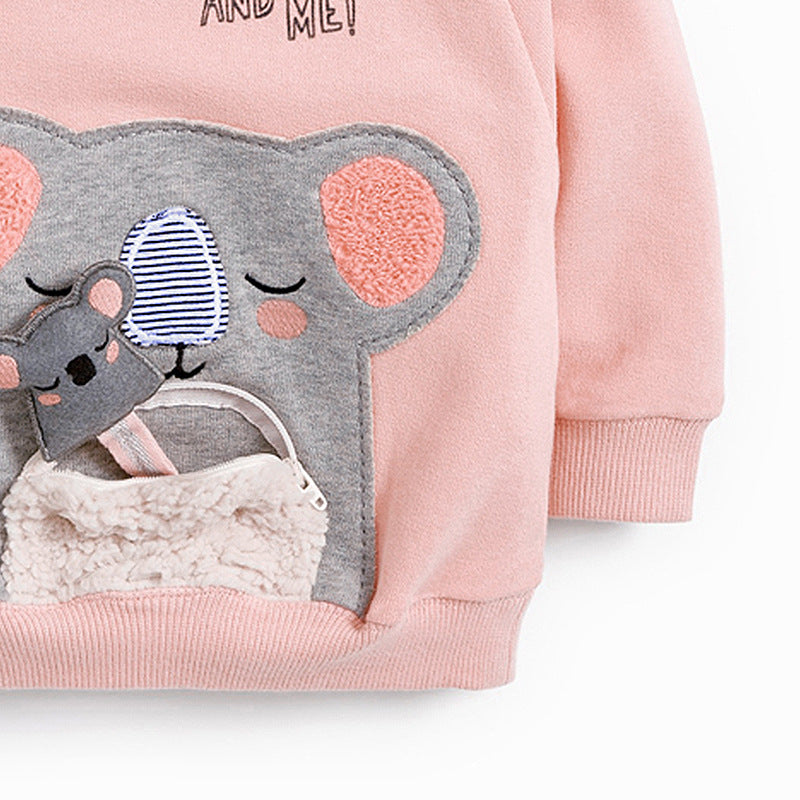 Baby girl wearing a pink cartoon animal knitted hoodie, showcasing a cozy and stylish design perfect for autumn.