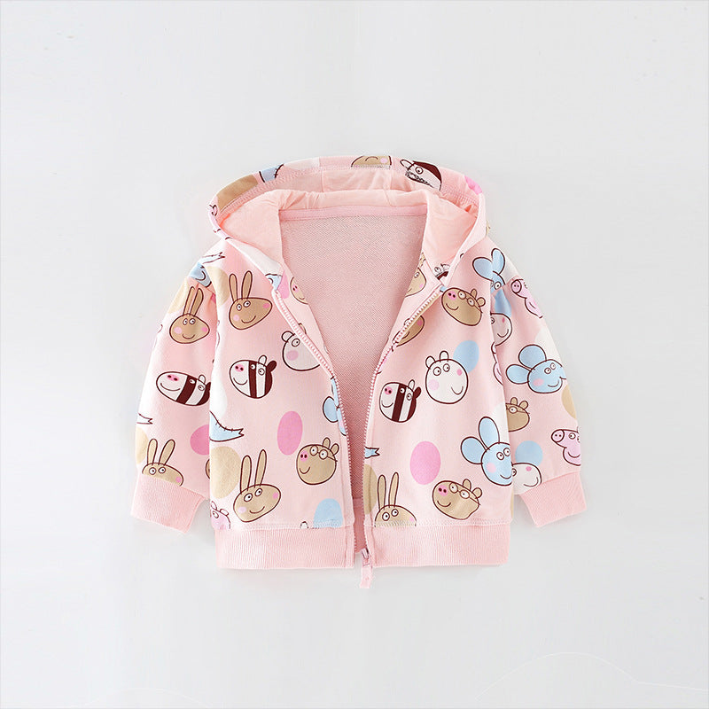 Baby girl wearing a cute pink zipper coat with cartoon animal prints, showcasing long sleeves and a cozy design.