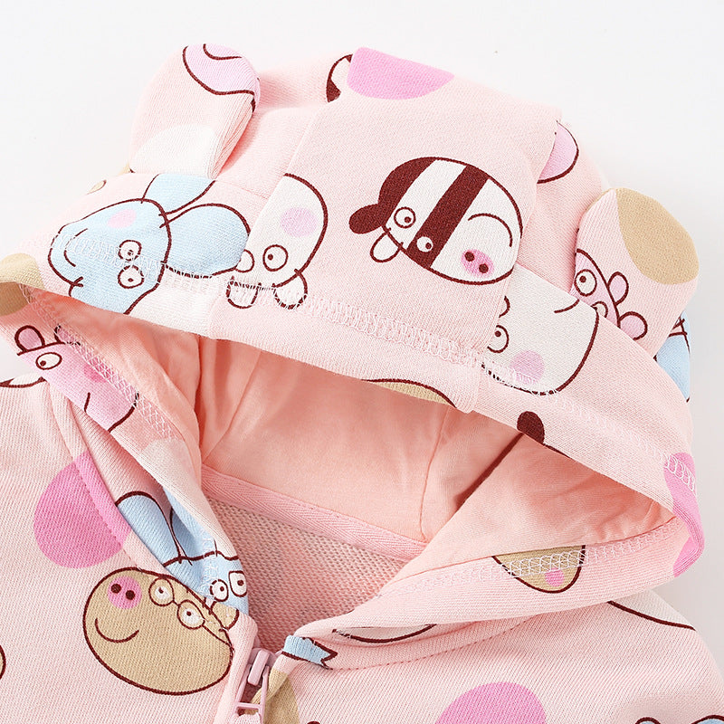 Baby girl wearing a cute pink zipper coat with cartoon animal prints, showcasing long sleeves and a cozy design.