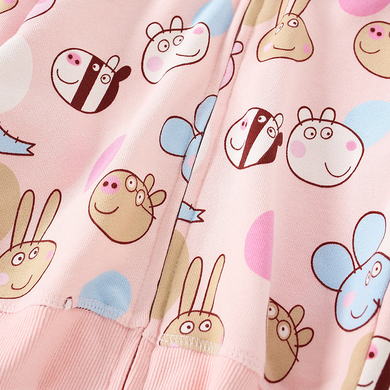 Baby girl wearing a cute pink zipper coat with cartoon animal prints, showcasing long sleeves and a cozy design.