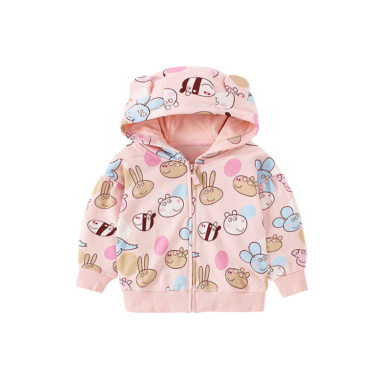 Baby girl wearing a cute pink zipper coat with cartoon animal prints, showcasing long sleeves and a cozy design.