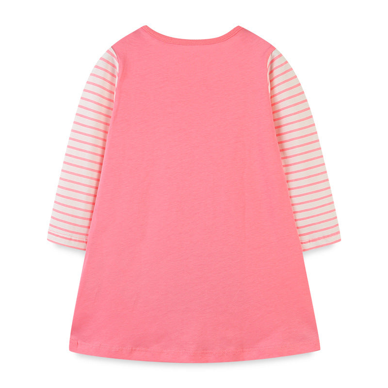 Baby girl dress featuring a cartoon Christmas tree pattern with striped sleeves, perfect for festive occasions.