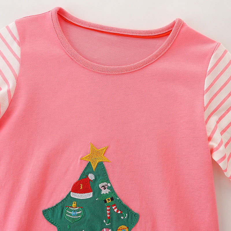 Baby girl dress featuring a cartoon Christmas tree pattern with striped sleeves, perfect for festive occasions.