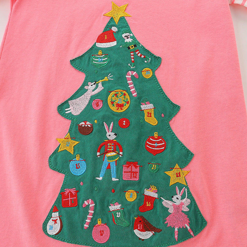 Baby girl dress featuring a cartoon Christmas tree pattern with striped sleeves, perfect for festive occasions.