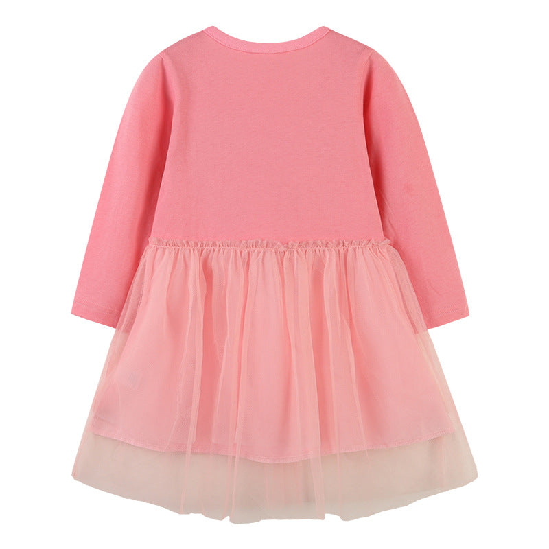 A pink baby girl dress featuring cartoon embroidery and a sheer mesh overlay, perfect for special occasions.