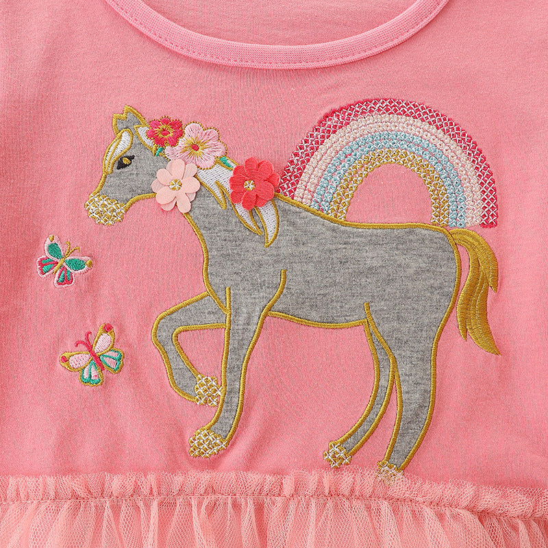 A pink baby girl dress featuring cartoon embroidery and a sheer mesh overlay, perfect for special occasions.