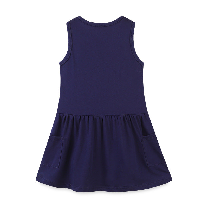 A cute navy blue sleeveless dress for baby girls featuring playful cartoon graphics, perfect for summer wear.