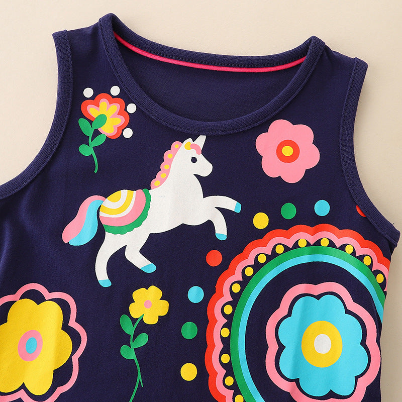 A cute navy blue sleeveless dress for baby girls featuring playful cartoon graphics, perfect for summer wear.