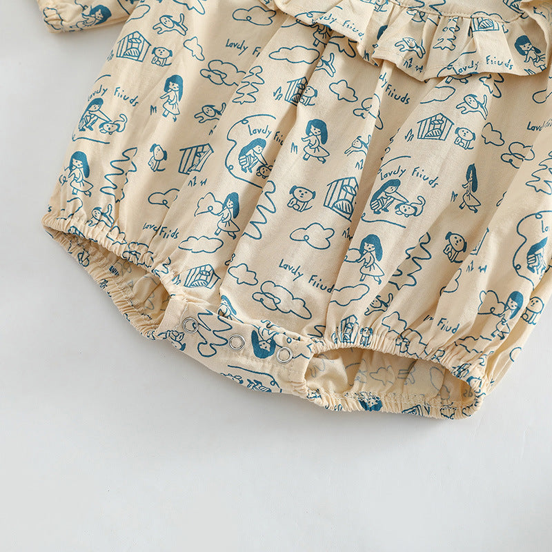 Baby girl wearing a soft cotton bodysuit with a cartoon pattern in green and apricot colors.