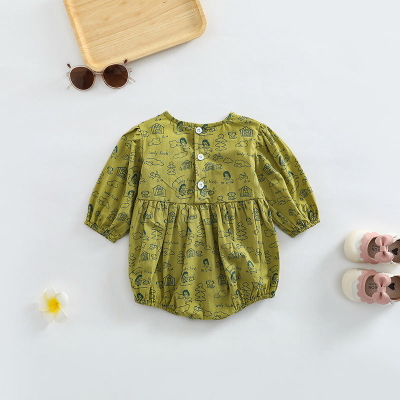 Baby girl wearing a soft cotton bodysuit with a cartoon pattern in green and apricot colors.