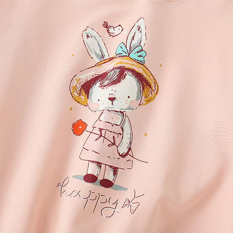 Baby girl wearing a pink cartoon print pullover hoodie with a round neck, featuring playful animal designs.