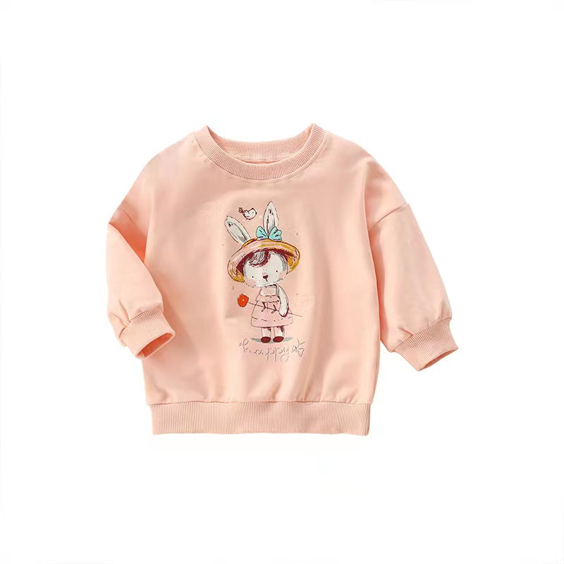 Baby girl wearing a pink cartoon print pullover hoodie with a round neck, featuring playful animal designs.