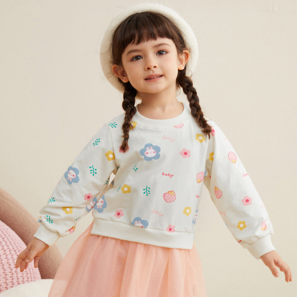 A stylish Baby Girl Hoodie Dress featuring a cartoon print pattern and mesh patchwork design, perfect for spring and autumn wear.