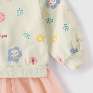 A stylish Baby Girl Hoodie Dress featuring a cartoon print pattern and mesh patchwork design, perfect for spring and autumn wear.