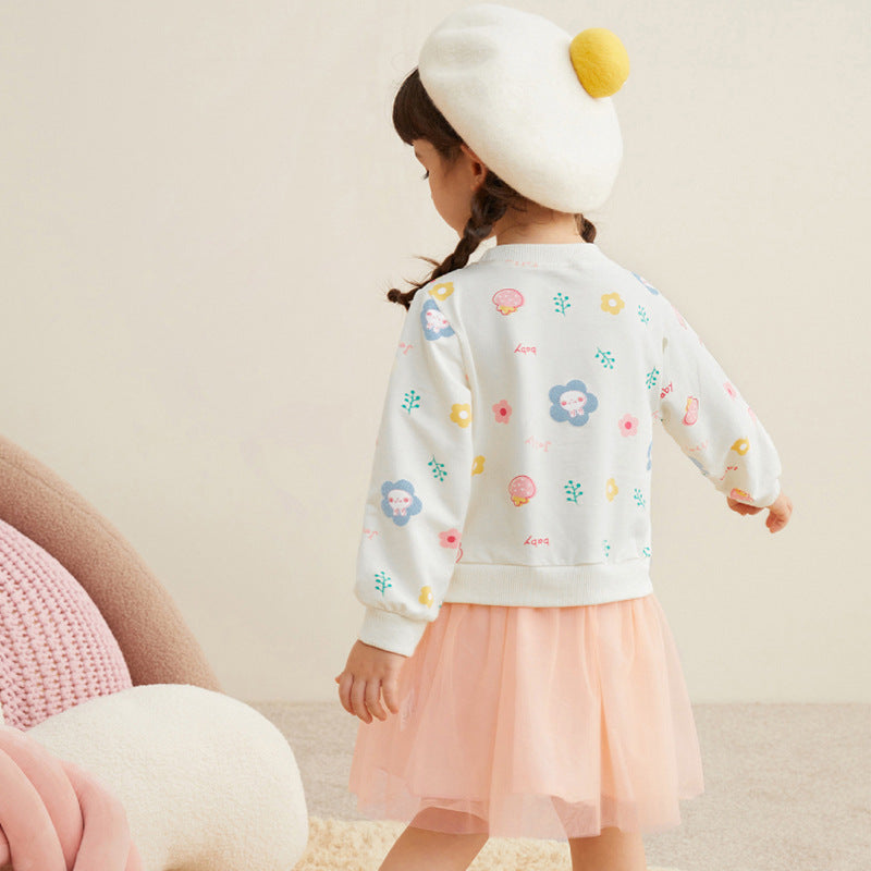 A stylish Baby Girl Hoodie Dress featuring a cartoon print pattern and mesh patchwork design, perfect for spring and autumn wear.