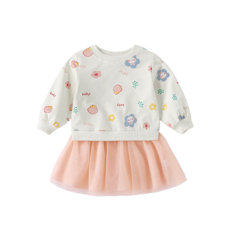 A stylish Baby Girl Hoodie Dress featuring a cartoon print pattern and mesh patchwork design, perfect for spring and autumn wear.