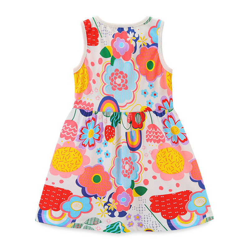 A cute baby girl wearing a sleeveless cartoon print summer dress in white, featuring colorful floral and rainbow patterns.