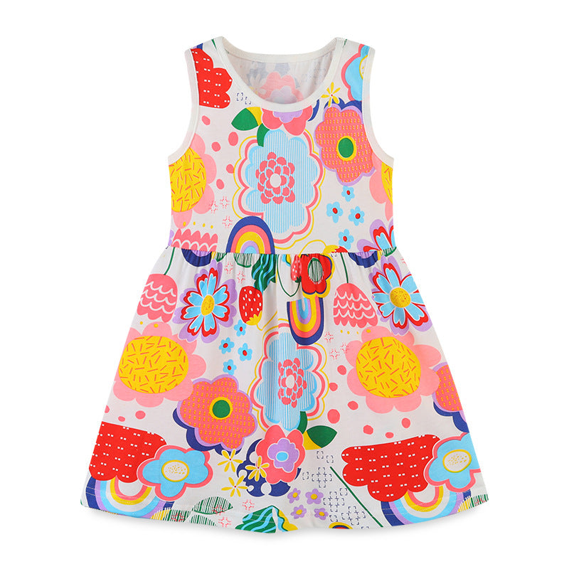 A cute baby girl wearing a sleeveless cartoon print summer dress in white, featuring colorful floral and rainbow patterns.