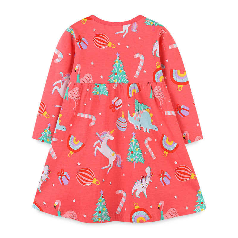 A cute Baby Girl Cartoon Print Pattern Western Style Loose Christmas Dress in pink, featuring playful animal and cartoon designs, perfect for festive occasions.