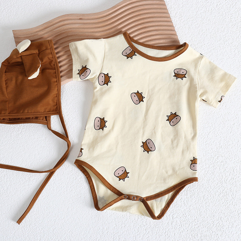 Baby girl wearing a cute cartoon sheep onesie with a round collar and a matching hat, perfect for summer.