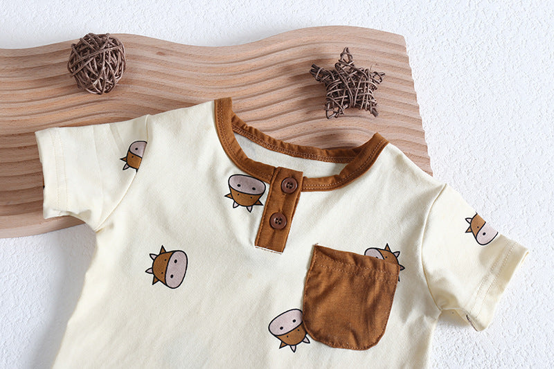 Baby girl wearing a cute cartoon sheep onesie with a round collar and a matching hat, perfect for summer.