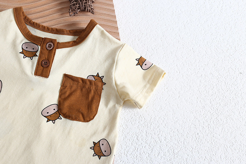 Baby girl wearing a cute cartoon sheep onesie with a round collar and a matching hat, perfect for summer.