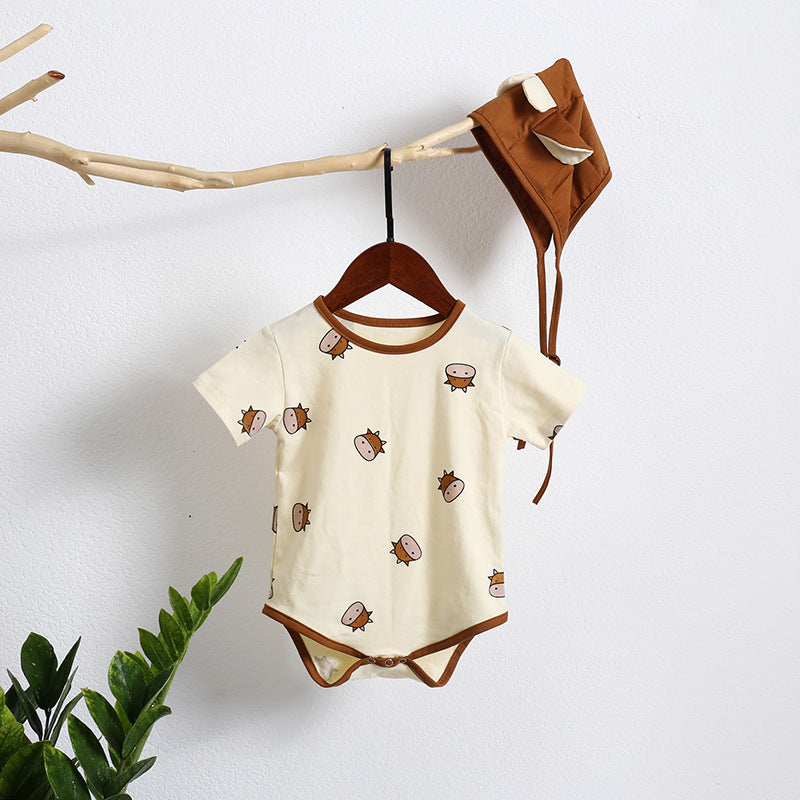 Baby girl wearing a cute cartoon sheep onesie with a round collar and a matching hat, perfect for summer.