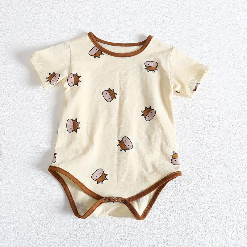 Baby girl wearing a cute cartoon sheep onesie with a round collar and a matching hat, perfect for summer.