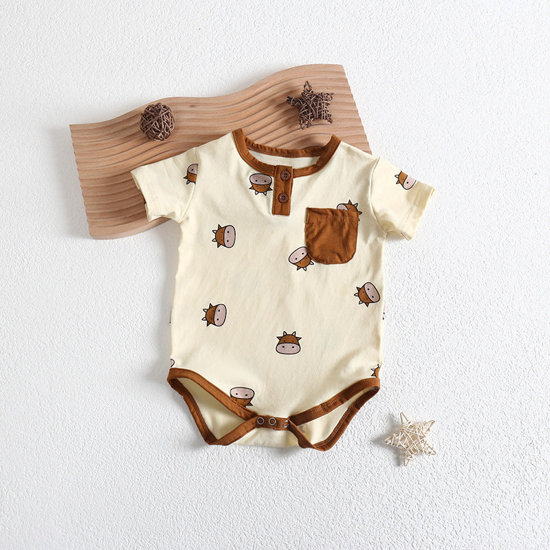 Baby girl wearing a cute cartoon sheep onesie with a round collar and a matching hat, perfect for summer.