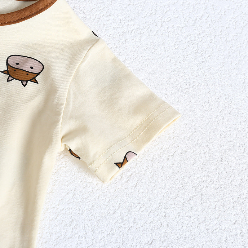 Baby girl wearing a cute cartoon sheep onesie with a round collar and a matching hat, perfect for summer.