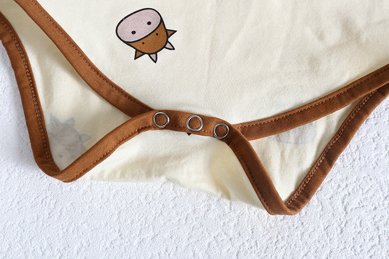 Baby girl wearing a cute cartoon sheep onesie with a round collar and a matching hat, perfect for summer.