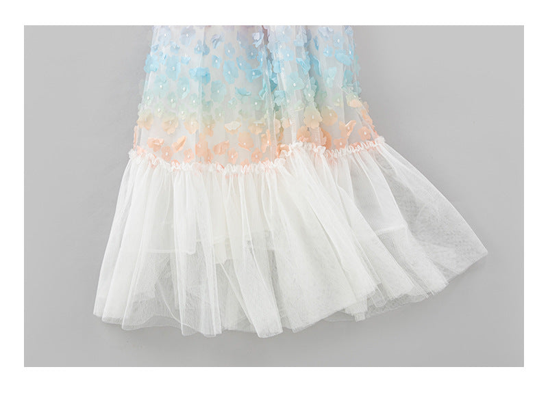 A stylish baby girl sleeveless vest dress featuring a colorful lace pattern and patchwork design, perfect for summer wear.