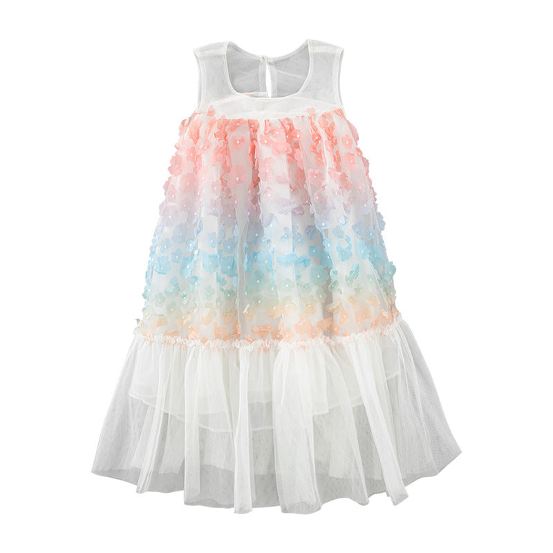 A stylish baby girl sleeveless vest dress featuring a colorful lace pattern and patchwork design, perfect for summer wear.