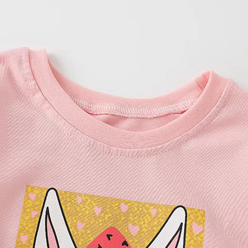 Baby girl wearing a cute bunny print pullover with long sleeves in pink color, perfect for spring and autumn.