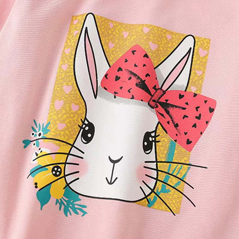 Baby girl wearing a cute bunny print pullover with long sleeves in pink color, perfect for spring and autumn.