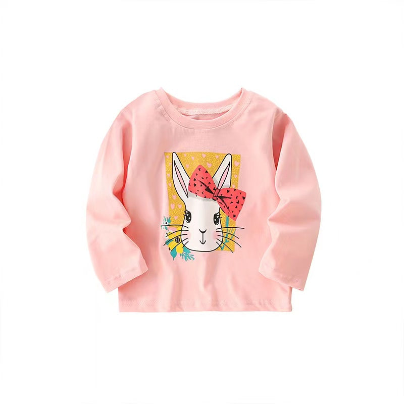 Baby girl wearing a cute bunny print pullover with long sleeves in pink color, perfect for spring and autumn.