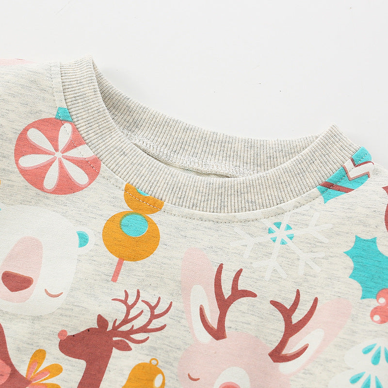 Baby girl wearing a grey hoodie with a deer print pattern, showcasing a stylish o-neck design.