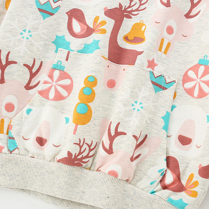 Baby girl wearing a grey hoodie with a deer print pattern, showcasing a stylish o-neck design.