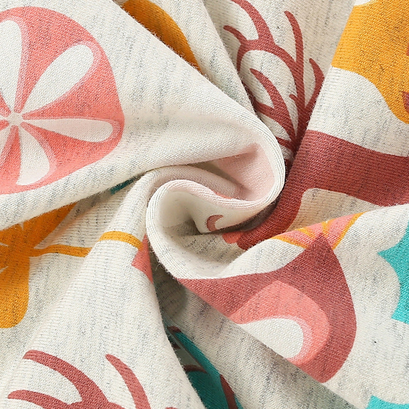 Baby girl wearing a grey hoodie with a deer print pattern, showcasing a stylish o-neck design.