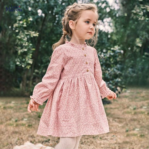 A pink long-sleeve dress for baby girls featuring a ditsy flower pattern, made from soft cotton, perfect for spring and autumn wear.