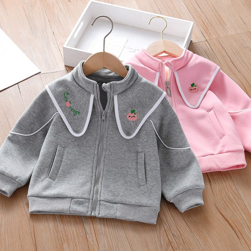 Baby girl coat featuring embroidered lapel design in solid pink and grey colors, made from high-quality cotton fabric.
